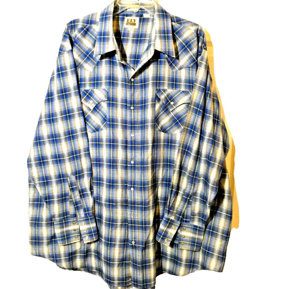 Blue Plaid Shirt Western Cowboy Pearl Snap Button Big Man Ely Cattleman 3XL